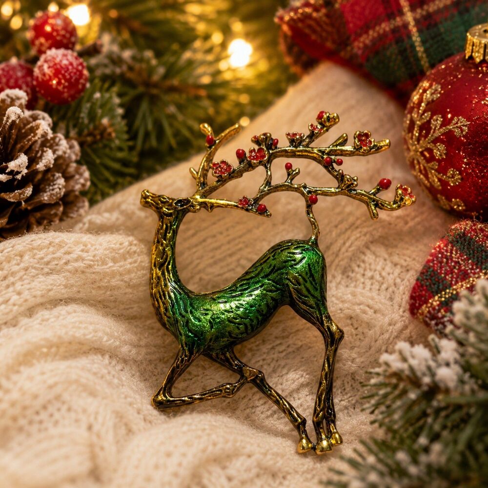 Christmas Deer Brooch Pin, Green Enamel Reindeer, Gold Tone Woodland Jewelry